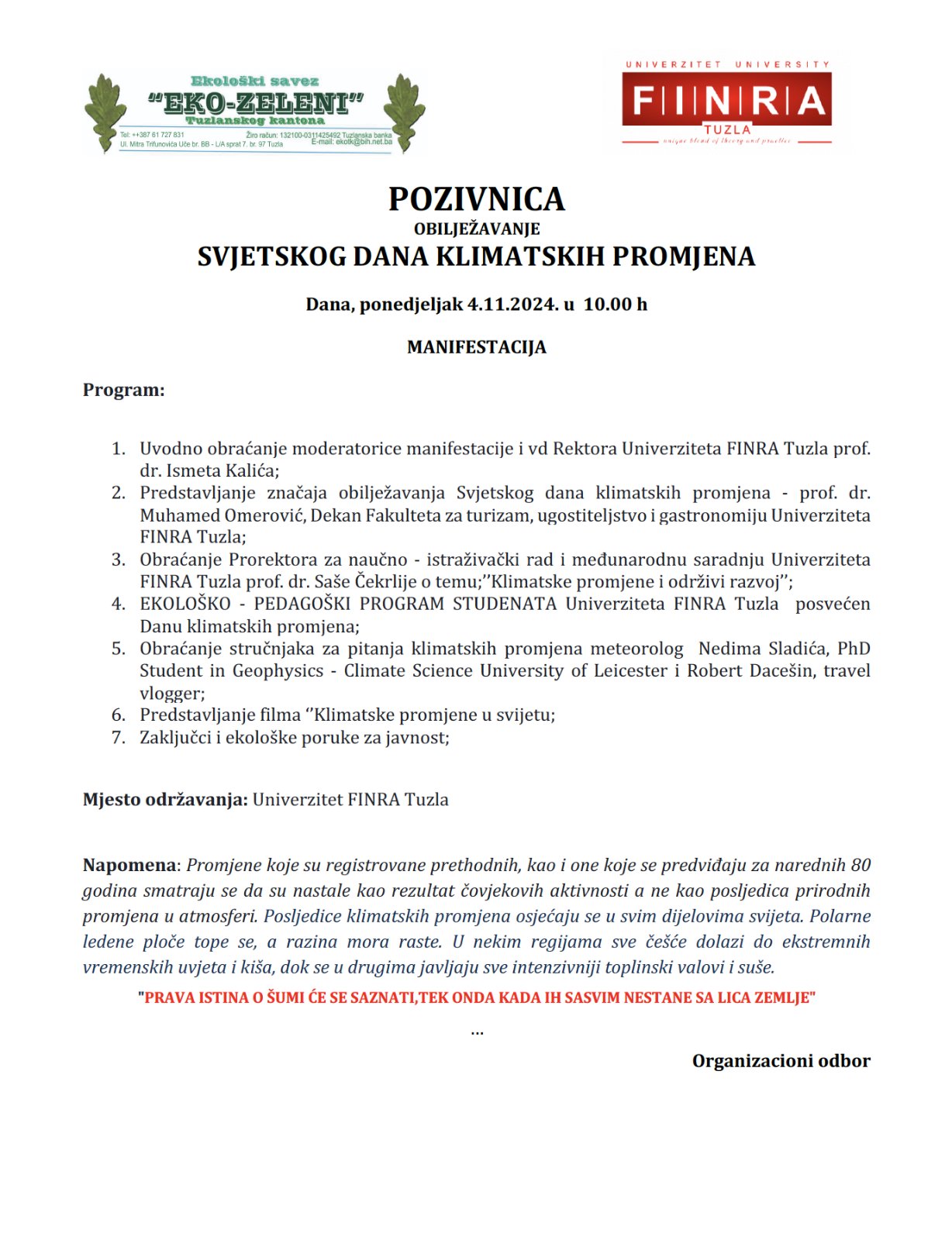 OBILJEŽAVANJE SVJETSKOG DANA KLIMATSKIH PROMJENA